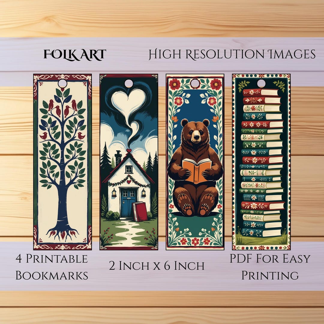 Folk Art Printable Bookmarks - Illustrated Cottagecore Set (PDF Instant ...