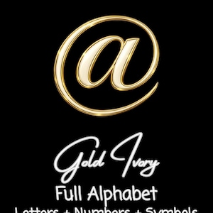 May include: A gold and ivory-colored at symbol on a black background. The text "Gold Ivory" is written in a cursive font, followed by "Full Alphabet Letters + Numbers + Symbols" in a sans-serif font.