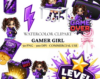 Paquete de imágenes prediseñadas de Gamer Girl en acuarela (50 PNG) / Conjunto de imágenes prediseñadas digitales de pixel art para videojuegos en color morado / Imágenes prediseñadas de cumpleaños "Level Up" para Cricut y pegatinas (POD)