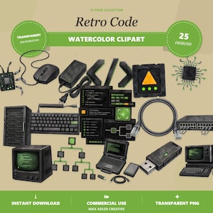 Peut inclure: Une collection de 25 illustrations clipart à l'aquarelle représentant du matériel informatique et des éléments de codage, incluant un serveur, un clavier, une souris, un ordinateur portable, des câbles réseau, des circuits et des écrans.