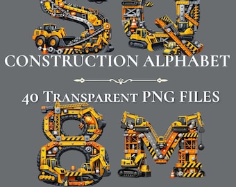 Letras PNG del alfabeto de construcción, imágenes prediseñadas del alfabeto de excavadoras (A-Z, números del 0 al 9), fuente de constructor, gráficos para fiestas de construcción infantiles