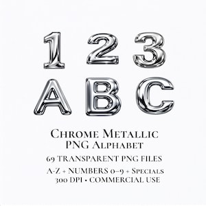 Krommetalliskt alfabet PNG, silverbokstäver Clipart, A-Ö bokstäver siffror symboler, scrapbooking planner stickers