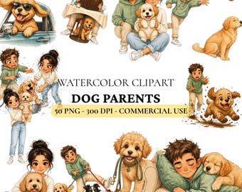 Dog Parent Clipart Bundle, Funny Dog Lover PNG Clipart Set, Cute Puppy Watercolor Clipart for Cricut, Dog Mom Dog Dad, 50 Transparent PNGs