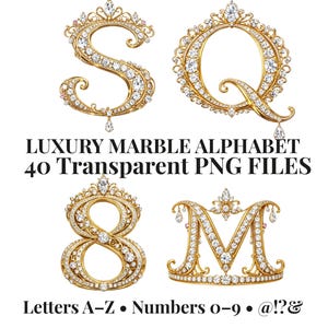 May include: Gold-colored, jeweled letters and numbers, including 'S', 'Q', '8', and 'M', with a crown design. The image also includes the text 'LUXURY MARBLE ALPHABET 40 Transparent PNG FILES' and 'Letters A-Z • Numbers 0-9 • @!?&'.