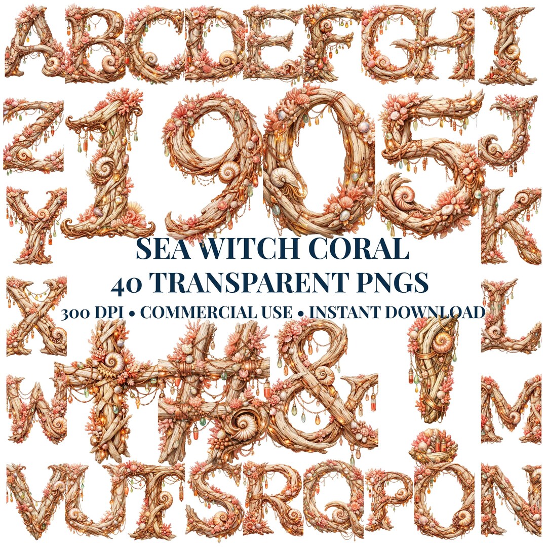Digital Shell Letters Driftwood Coral Sea Witch Alphabet Clipart, Shell Nautilus Letter PNG ...