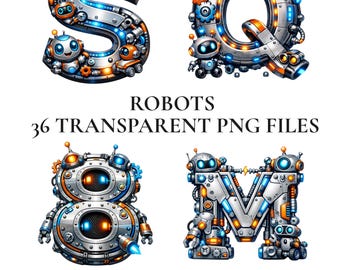 Imágenes prediseñadas del alfabeto robótico, conjunto de letras mecánicas PNG para niños, lindas imágenes prediseñadas de fiesta de robots de ciencia ficción para Cricut, letras digitales de tecnología para niños