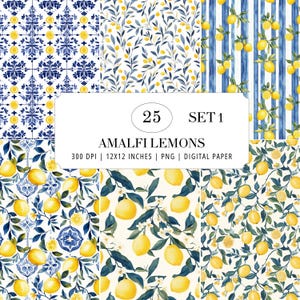 May include: A collection of digital paper patterns featuring yellow lemons and dark blue foliage. The central white label displays the text 25 SET 1 AMALFI LEMONS 300 DPI 12X12 INCHES PNG DIGITAL PAPER. The designs include tile motifs and botanical lemon branches.