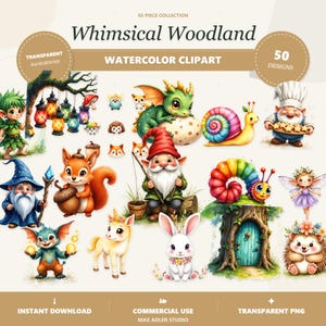 Op de afbeelding: Een collectie van 50 aquarel clipart ontwerpen getiteld Whimsical Woodland. De afbeeldingen bevatten cartoonwezens, waaronder een groene draak, een regenboogslak, een kabouter met een hengel, een eekhoorn met een eikel en een fee.