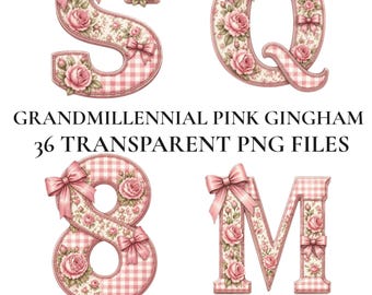 Imágenes prediseñadas del alfabeto Grandmillennial Pink Gingham, conjunto de letras PNG Coquette Rose Bow, letras florales Gingham para Cricut