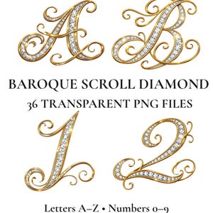May include: Gold-colored, baroque-style letters and numbers with diamond accents. The image includes the letters A and B, and the numbers 1 and 2. Text reads "BAROQUE SCROLL DIAMOND" and "36 TRANSPARENT PNG FILES". Additional text includes "Letters A-Z • Numbers 0-9" and "300 DPI • Commercial Use".