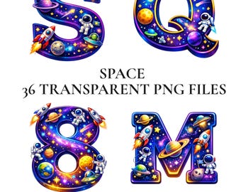 Imágenes prediseñadas del alfabeto espacial, conjunto de letras PNG de astronautas galácticos para niños, imágenes prediseñadas de fiesta de cohetes y planetas para Cricut, letras digitales del espacio exterior cósmico