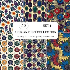 May include: A digital paper collection featuring 50 African print patterns with vibrant floral, circular, and leaf motifs in red, blue, yellow, and purple. The text reads 50 SET 1 AFRICAN PRINT COLLECTION 300 DPI | 12X12 INCHES | PNG | DIGITAL PAPER.