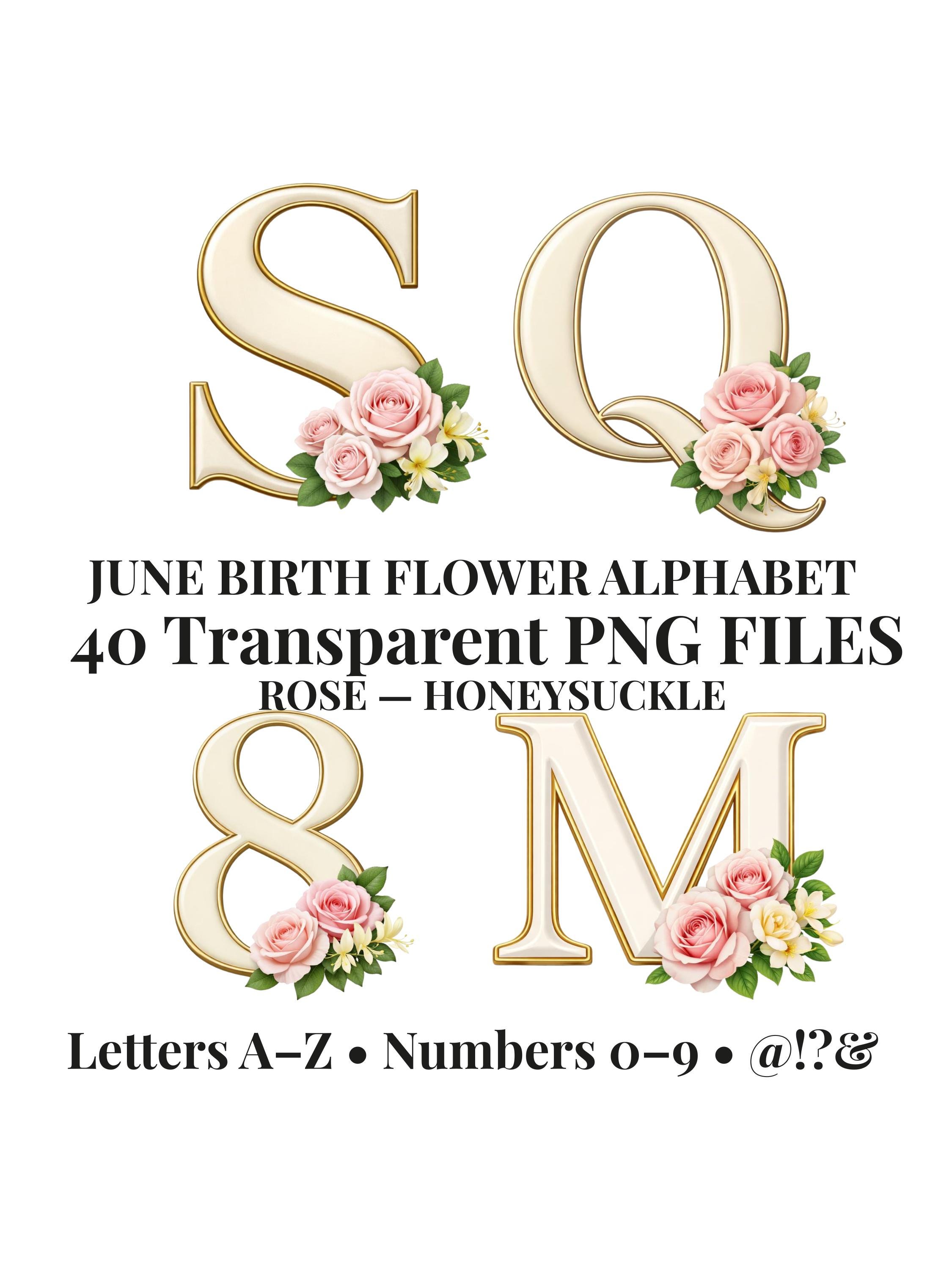 June 01 Letters June Birth Flower Alphabet Clipart, Rose & Honeysuckle Floral Letters A ...