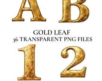 Gold Leaf Alphabet Clipart, Gilded Metallic Letter PNG Set, Luxury Gold Foil Letters for Cricut, Wedding Monogram Clipart
