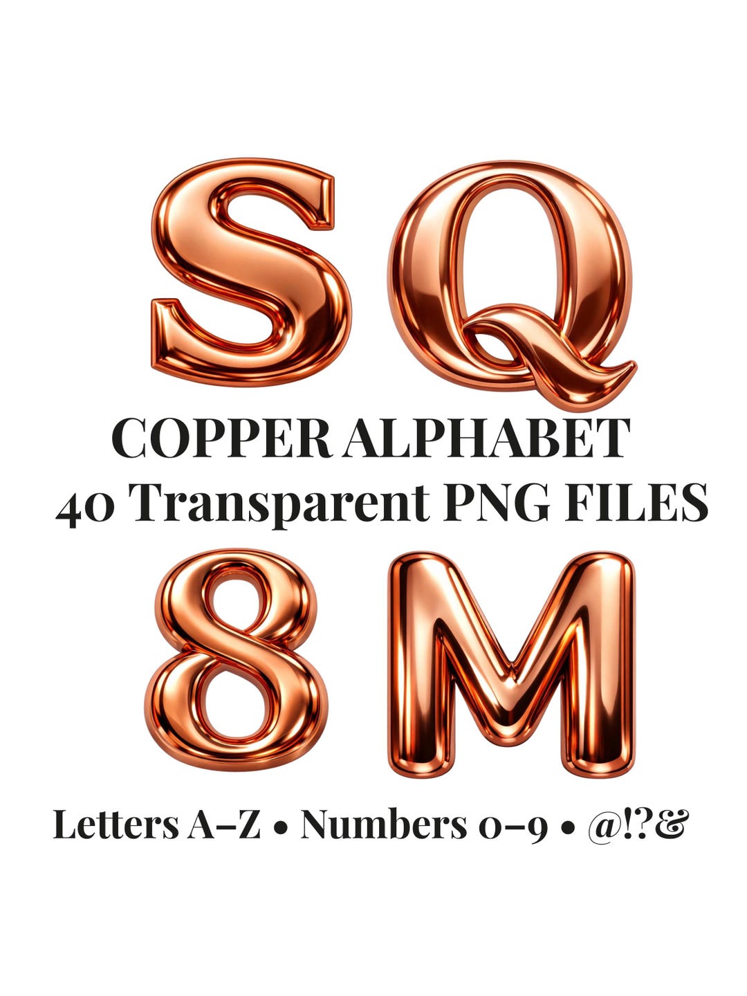 Copper Chrome Alphabet PNG, 3D Metallic Letters A-Z 0-9 Symbols ...