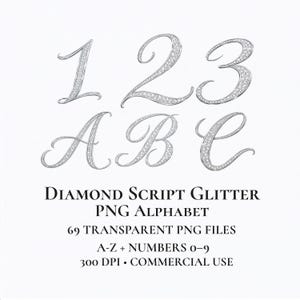 May include: A collection of diamond-studded script letters and numbers, including 1, 2, 3, A, B, and C, are displayed on a white background. The image also includes the text "DIAMOND SCRIPT GLITTER PNG ALPHABET".