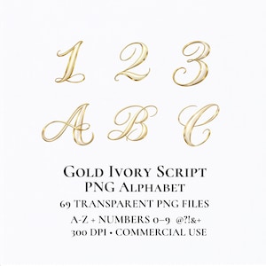 Gold Ivory Script Alphabet PNG Bundle, Luxury Calligraphy Letters A-Z, Numbers & Symbols, 300 DPI Transparent Clipart, Wedding Monogram Font