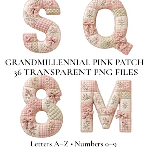 Puede incluir: Cuatro letras y números acolchados en rosa y crema, con estampados florales y de cuadros, y pequeños lazos. Las letras son S, Q, M y el número 8. El texto dice "GRANDMILLENNIAL PINK PATCH" y "Letters A-Z • Numbers 0-9".