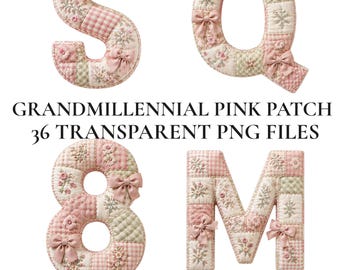 Imágenes prediseñadas del alfabeto Grandmillennial Pink Patch, letras PNG de patchwork bordadas acolchadas, letras florales Blush Cottagecore para Cricut