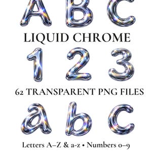 Flytande krom alfabet Clipart, metallisk ballongbokstäver PNG-set, prismatisk spegelmonogram för Cricut, holografisk 3D krom Clipart-paket