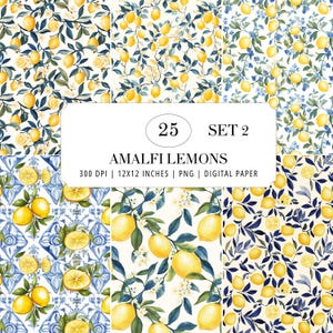 Conjunto de 25 patrones sin costuras de limones de Amalfi / Papel digital de cítricos italianos mediterráneos / Fondos de azulejos de acuarela / Conjunto PNG para uso comercial 2