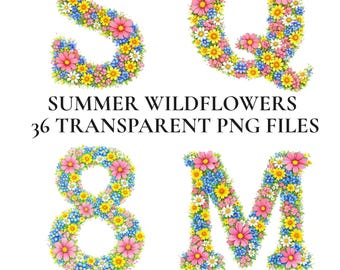 Summer Wildflower Alphabet Clipart, Floral Letter PNG Set, Meadow Flower Letters A-Z for Cricut, Botanical Digital Letters