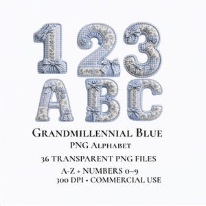 May include: A digital alphabet set featuring numbers 1, 2, 3 and letters A, B, C in a blue and white colour palette. The characters are decorated with gingham patterns, floral prints, and fabric bows. Text reads: GRANDMILLENNIAL BLUE PNG ALPHABET 36 TRANSPARENT PNG FILES A-Z + NUMBERS 0-9 300 DPI COMMERCIAL USE.