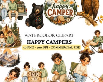 Paquete de imágenes prediseñadas de camping, conjunto de imágenes prediseñadas PNG de campista feliz, imágenes prediseñadas de acuarela de aventura al aire libre para Cricut, vida de campamento para amantes de la naturaleza, 50 imágenes PNG