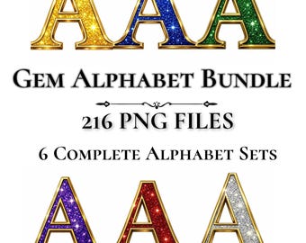 Alfabeto de gemas, PNG, diamante, rubí, esmeralda, zafiro, citrino, amatista, letras doradas de lujo, 216 archivos PNG