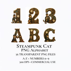 May include: A digital graphic set featuring numbers 1, 2, 3 and letters A, B, C decorated with bronze-toned gears, clock faces, and illustrations of cats wearing top hats and vests. The text reads: STEAMPUNK CAT PNG ALPHABET, 36 TRANSPARENT PNG FILES, A-Z + NUMBERS 0-9, 300 DPI, COMMERCIAL USE.