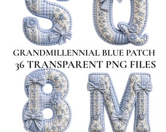 Imágenes prediseñadas del alfabeto Grandmillennial Blue Patch, letra PNG de patchwork con volantes acolchados, letras de cuadros vichy azules para Cricut