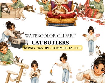 Funny Cat Clipart Bundle, Cat Lover PNG Clipart Set, Cat Butler Watercolor Clipart, Cute Cat Owner Clipart for Cricut, 50 Transparent PNGs