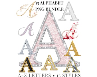 Paquete de alfabeto PNG, 15 conjuntos de letras del alfabeto de la A a la Z, letras de encaje con purpurina de lujo, PNG para uso comercial, alfabeto para sublimación