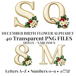 May include: Digital alphabet letters and numbers with a cream-coloured fill and gold trim, decorated with holly, red berries, and white daffodils. The image includes the text "DECEMBER BIRTH FLOWER ALPHABET" and "40 Transparent PNG FILES".