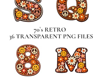 Imágenes prediseñadas de alfabeto retro de los años 70, conjunto de letras PNG con el símbolo de la paz y flores, letras digitales hippies con margaritas para Cricut, imágenes prediseñadas de monogramas bohemios retro