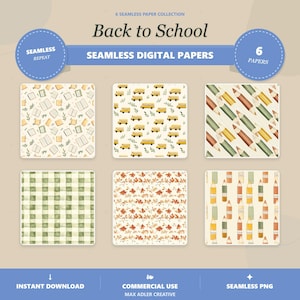 Może przedstawiać: Kolekcja sześciu bezszwowych papierów cyfrowych zatytułowana Back to School. Wzory obejmują otwarte książki, żółte autobusy szkolne, ukośne kredki, zieloną kratę, jesienne liście oraz pionowe ołówki w stonowanej palecie kolorów zieleni, brązu i żółci.