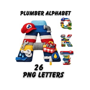 Może przedstawiać: Kolorowy zestaw alfabetu o tematyce hydraulicznej. Litery zdobione są narzędziami, rurami i czerwoną czapką. Obraz zawiera tekst "PLUMBER ALPHABET" i "26 PNG LETTERS".