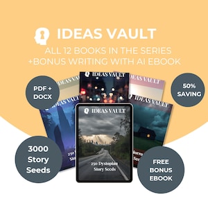 May include: An advertisement for "IDEAS VAULT" featuring a tablet and several book covers. The image includes text such as "ALL 12 BOOKS IN THE SERIES" and "250 Dystopian Story Seeds." Additional text indicates a "50% SAVING" and a "FREE BONUS EBOOK."