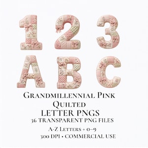 Könnte beinhalten: Ein Set aus gesteppten Zahlen 1, 2, 3 und Buchstaben A, B, C in rosa-weißem Vichy-Karo und Blumenmustern, verziert mit kleinen Stoffschleifen. Text: GRANDMILLENNIAL PINK QUILTED LETTER PNGS, 36 TRANSPARENT PNG FILES, A-Z LETTERS + 0-9, 300 DPI • COMMERCIAL USE.