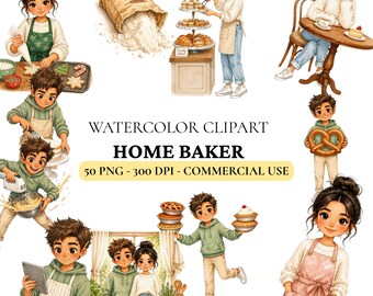 Home Baker Clipart Bundle, Baking PNG Clipart Set, Cute Baker Watercolor Clipart for Cricut, Cozy Kitchen Baking Lover Gift, 50 pngs
