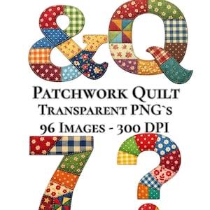 Patchwork Quilt Alphabet Clipart, 96 PNG Letters & Numbers, Uppercase Lowercase Font Bundle, Quilted Fabric Letters, Digital Download