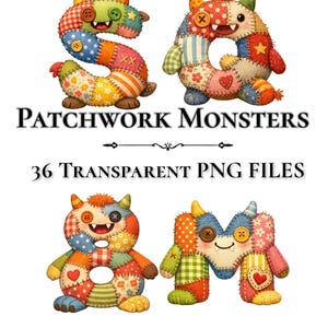 Peut inclure: Lettres et chiffres monstres en patchwork coloré. L'image présente les lettres S, A, 8 et M, chacune conçue avec un motif patchwork unique et des détails de boutons. Le texte "PATCHWORK MONSTERS" et "36 TRANSPARENT PNG FILES" est également visible.