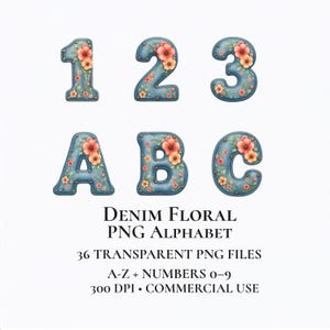 Denim blommig alfabet Clipart PNG | Boho blombokstäver Cricut sublimering monogram transparent digital nedladdning