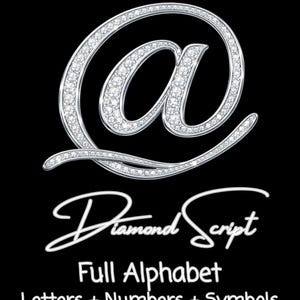 May include: A sparkling, diamond-studded at symbol, set against a black background. Below, the words "Diamond Script" are written in a cursive font, followed by "Full Alphabet Letters + Numbers + Symbols."