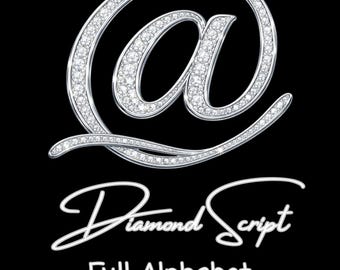 Alfabeto PNG con purpurina y escritura de diamantes: letras A-Z con purpurina de diamantes de imitación, fuente monograma plateada, números y símbolos, 300 DPI, uso comercial