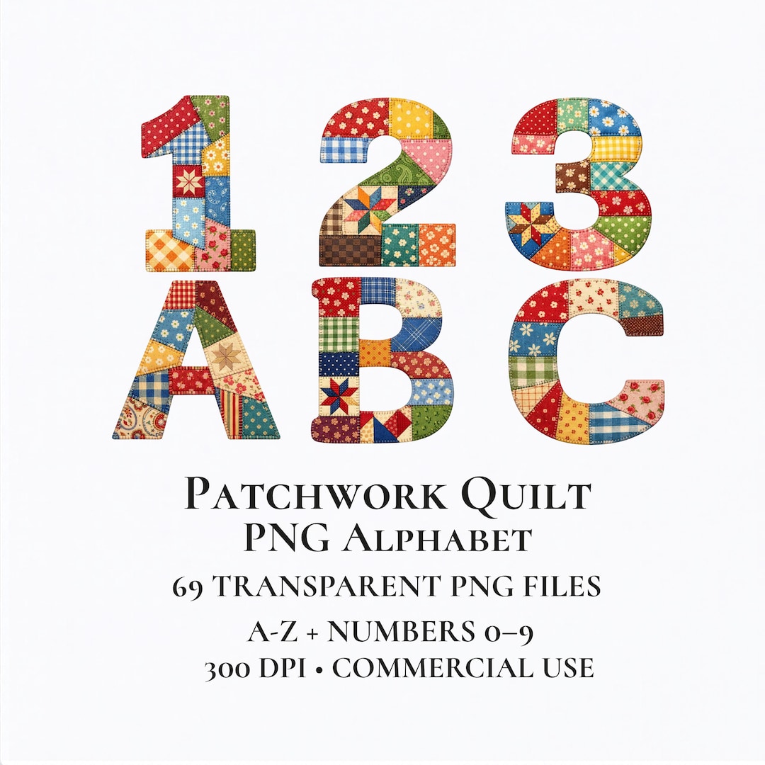 Patchwork Quilt Alphabet Clipart, 96 PNG Letters & Numbers, Uppercase ...