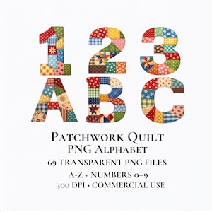 May include: Colorful patchwork quilt alphabet and numbers 1, 2, 3, A, B, and C. Each letter and number is composed of various fabric patterns and colors. The image includes the text "PATCHWORK QUILT PNG ALPHABET".