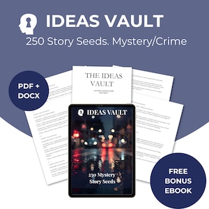 May include: An advertisement for "IDEAS VAULT" featuring a tablet and several pages of text. The tablet displays a city street scene. The text includes "250 Story Seeds. Mystery/Crime" and "Free Bonus Ebook."