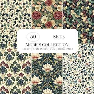 Bundel van 50 William Morris bloemenpapierpatronen | Vintage botanische naadloze patronen PNG | Digitale download voor kaarten maken en scrapbooking, set 3