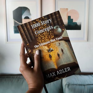 Op de afbeelding: Een boek getiteld "1000 Story Concepts" met de ondertitel "The Ultimate Plot Vault" door Max Adler. De cover heeft een gedetailleerde illustratie met een gloeiend effect. Het boek wordt voor een vage achtergrond gehouden.